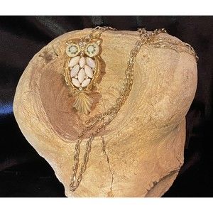 Golden Owl Necklace Moving Acrylic Rhinestone And Enamel Decorated Back Artemis